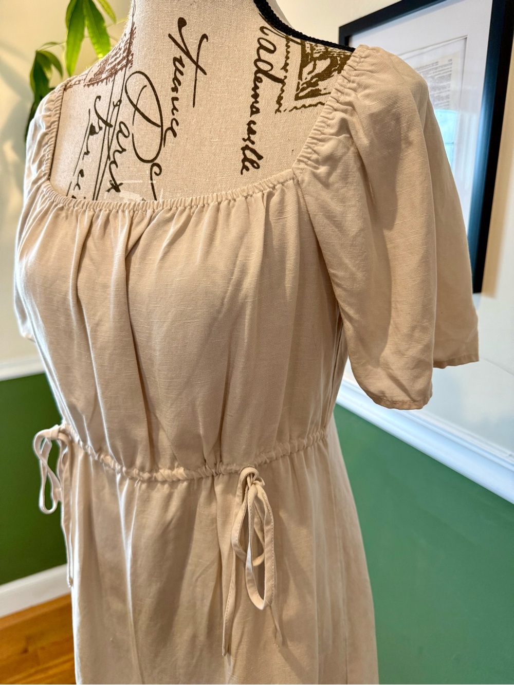 Light Beige Square Neck Drawstring Midi Dress